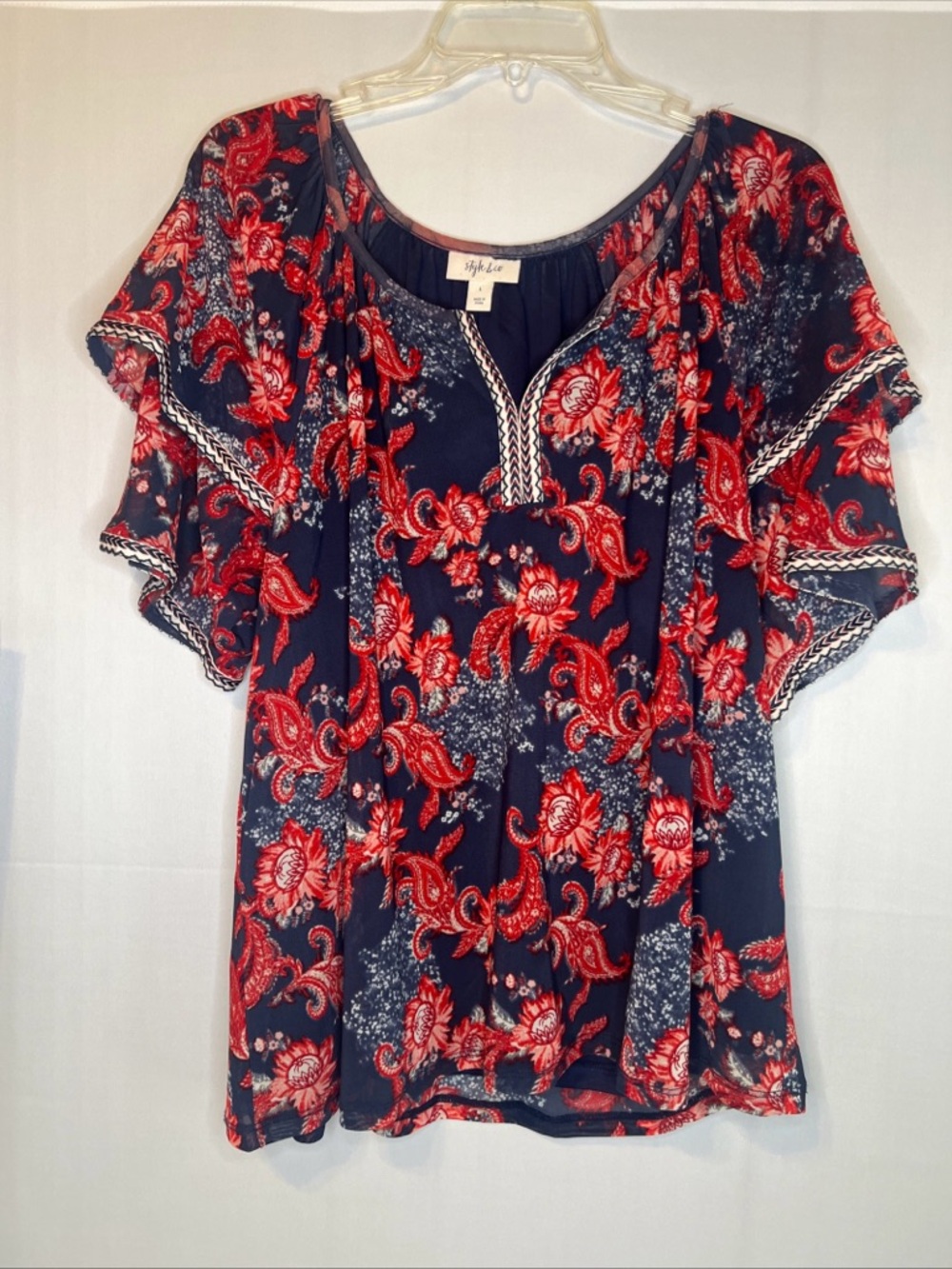 Style & Co. Navy Top with Red Paisley Floral Print